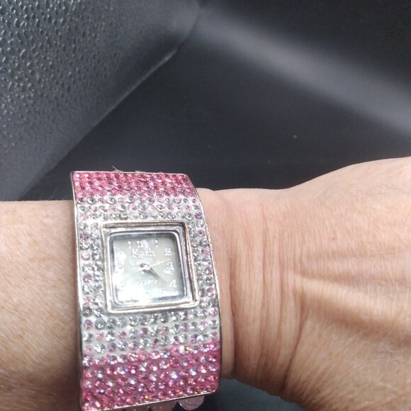 Pink Glass Beads Stretch Watch With Pink & Clear Rhinestones - Picture 7 of 7